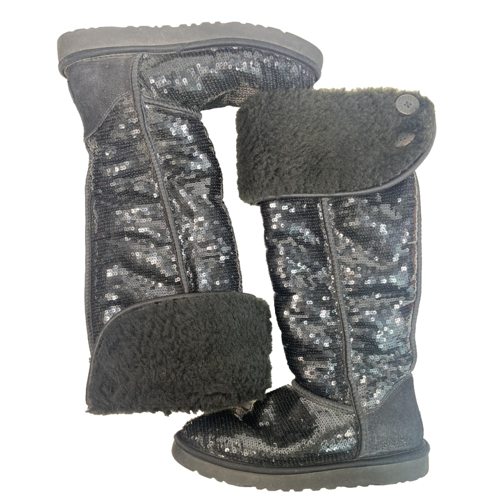 UGG Black Tall Over Knee High Sequin Shearling Button‎ Boots Womens Size 7 Rare - Picture 14 of 16